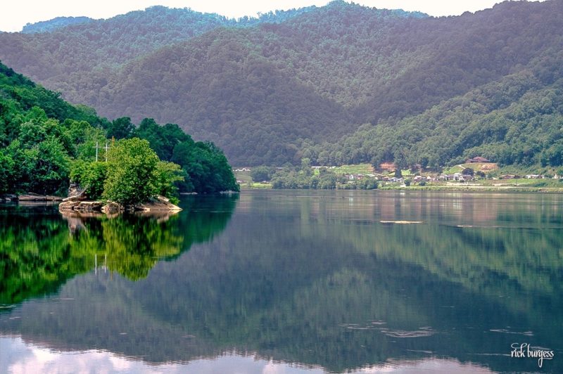 Coffindaffer's Crosses rise from a small island in the Kanawha River at Gauley Bridge, West Virginia.