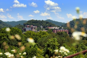Glenville State College rises on a hill alopng the Little Kanawha River at Glenville, West Virginia.