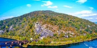 Maryland Heights, as seen from Loudon Heights, rises at the southern terminous of South Mountain at the Potomac River.