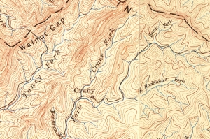 Mountain rise more than 2,000 feet above Crany, West Virginia, in Wyoming County, on an 1891 topo map.