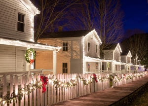 Holiday lights twinkle in the historic district at Cass, West Virginia.