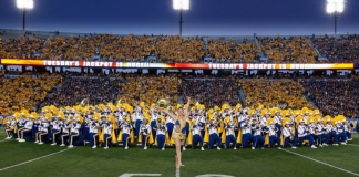The Mountaineer Marching Band performs during pregame of a WVU football game.