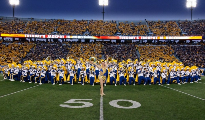 WVU Marching Band The Mountaineer Marching Band performs during pregame of a WVU football game.