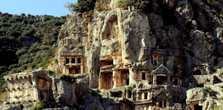 The rock tombs at Myra, Turkey, climb into the hills that overlook the Mediterranean Sea.