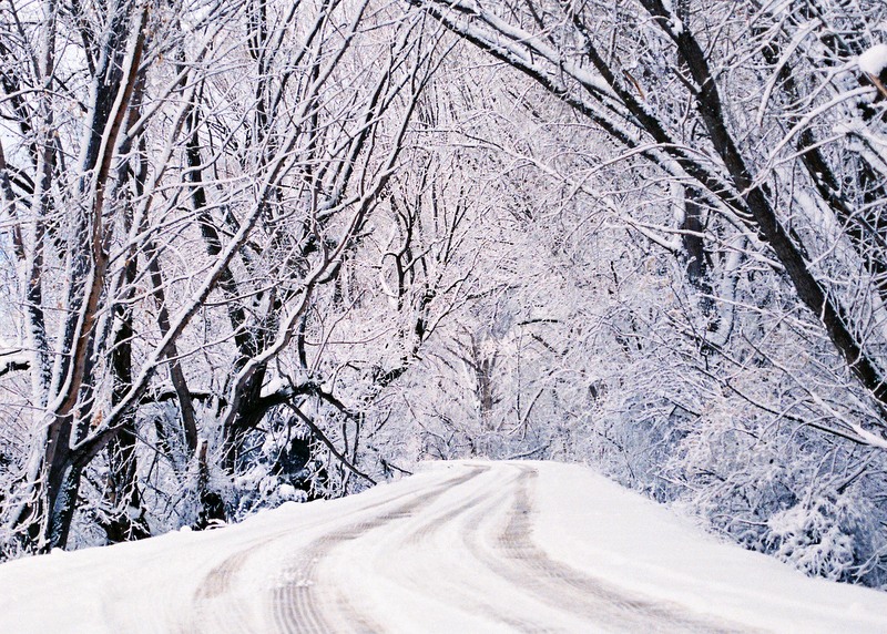 Snow blankets a country road through a woodland in West Virginia.