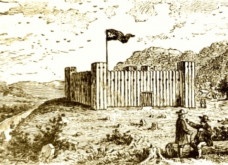 Farmers converse near old Fort Henry at Wheeling, c. 1777.