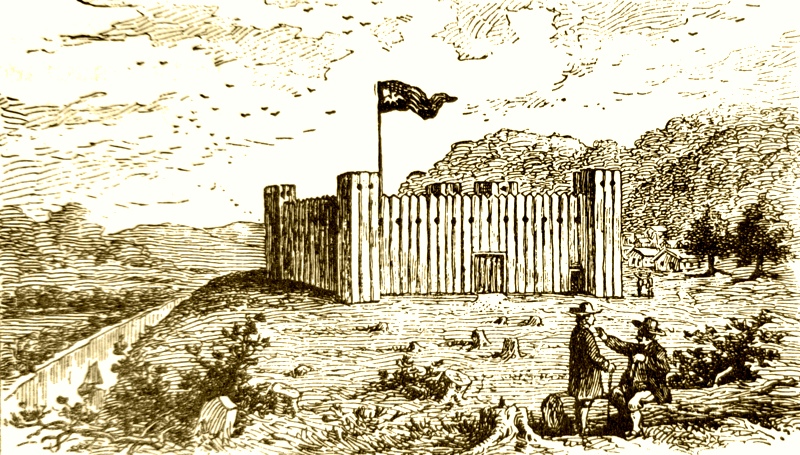 Farmers converse near old Fort Henry at Wheeling, c. 1777.