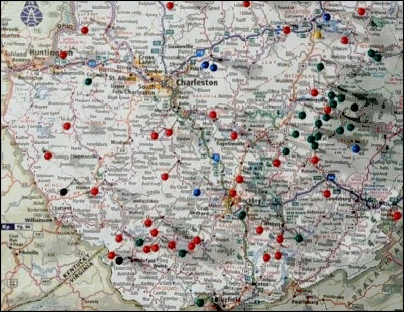 Red pins mark the locations at which bigfoot encounters have been reported to Les O'Dell.