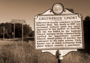A roadside marker commemorating the Greenbrier Ghost stands along U.S. 60 at Sam Black Church.