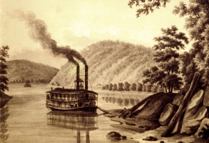 A steamboat docks at Wheeling, then Virginia, in the 1830s.