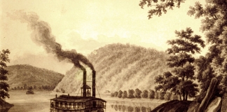 A steamboat docks at Wheeling, then Virginia, in the 1830s.