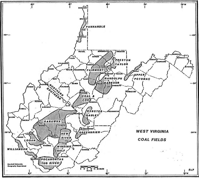 Map of coal fields of northern and southern West Virginia.