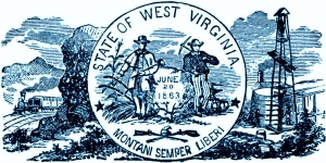 The Great Seal of West Virginia with accompanying illustration of commerce.