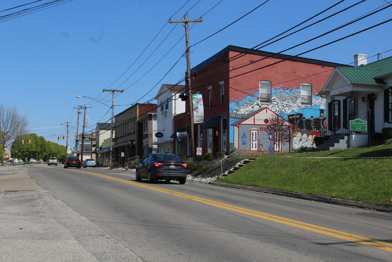 Shops line Main Street in Hurricane, WV (West Virginia), in Putnam County.