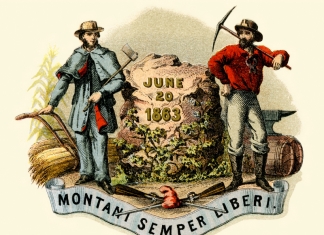 An illustration of the West Virginia Coat of Arms includes elements set for by the state in 1863.