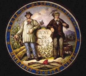 A painting of the obverse of the Great Seal of West Virginia includes variations on many of the original elements.