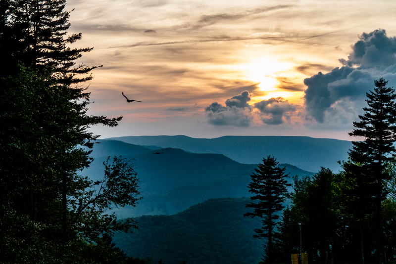 The sun sets over the Allegheny Mountains as seen from Snowshoe Mountain.