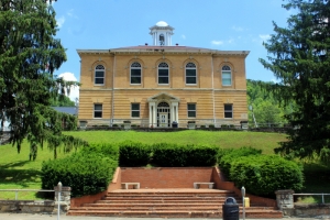 The Clay County Courthouse rises along Main Street in Clay, West Virginia.