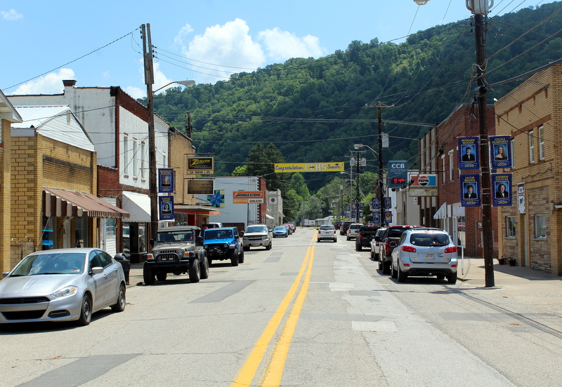 Main Street follows the route of the Elk River through Clay, West Virginia, county seat of Clay County.