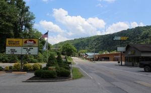 Restaurants line Main Street in the Two Run neighborhood of Clay, West Virginia.