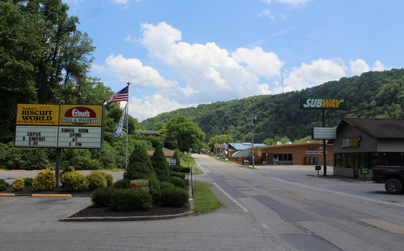 Main Street follows the route of the Elk River through Clay, West Virginia, county seat of Clay County.