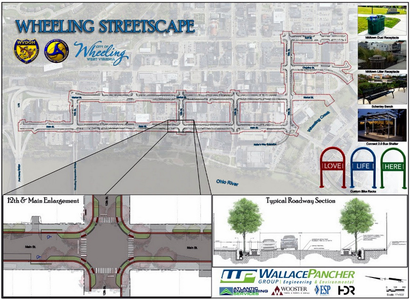 Plans call for streetscaping Main and Market streets and adjacent thoroughfares in downtown Wheeling, West Virginia.
