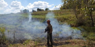 A member of the fire management team at Grandview tends a prescribed burn.