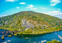 Maryland Heights, rises above the Potomac River near Harpers Ferry, West Virginia.