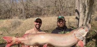 West Virginia fisheries biologist Aaron Yeager (left) with Lucas King (right) holding King's record musky.