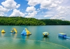 Giant inflatable toys await swimmers at the beach at Tygart Lake State Park. (Photo courtesy W.Va. Dept. of Commerce)