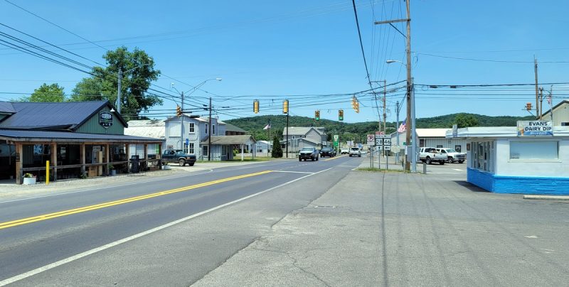 The Frankfort Road and the Fort Ashby Highway converge in downtown Fort Ashby, West Virginia.