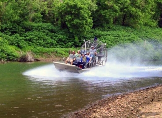 Airboats have proved an ideal means to explore the shallow Tug Fork at Matewan, W.Va.