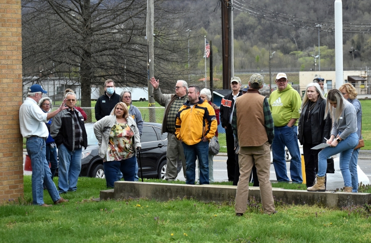 Community members gather to plan a Mine Wars monument installation at Marmet.