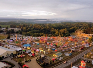 The morning sun rises on the grounds of the State Fair of West Virginia at Fairlea, West Virginia..