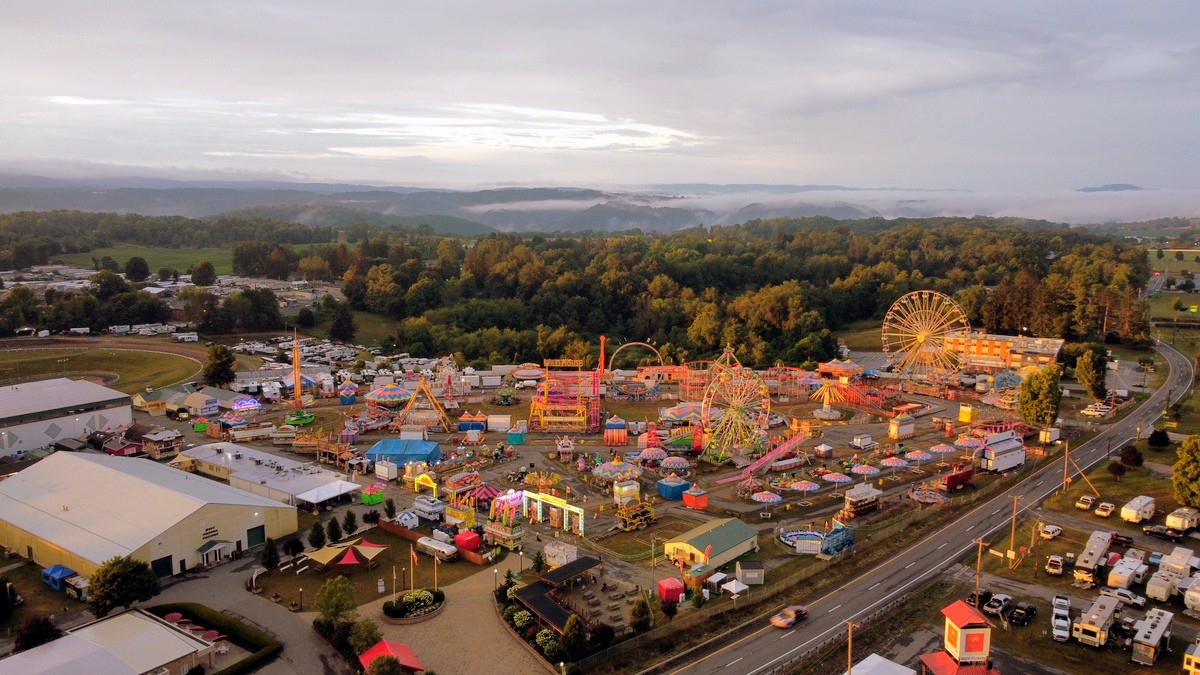 The morning sun rises on the grounds of the State Fair of West Virginia at Fairlea, West Virginia..