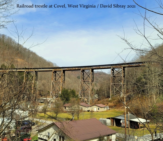 An old Virginian Railroad trestle spans Gooney Otter Hollow at Covel, West Virginia. (Photo: David Sibray)