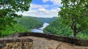 A wrought iron fence tops at stone wall at Hawks Nest State Park. (Photo courtesy Dave Sibray)