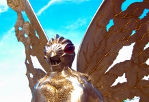 The Mothman Statue at Point Pleasant overlooks Main Street in the national historic district.
