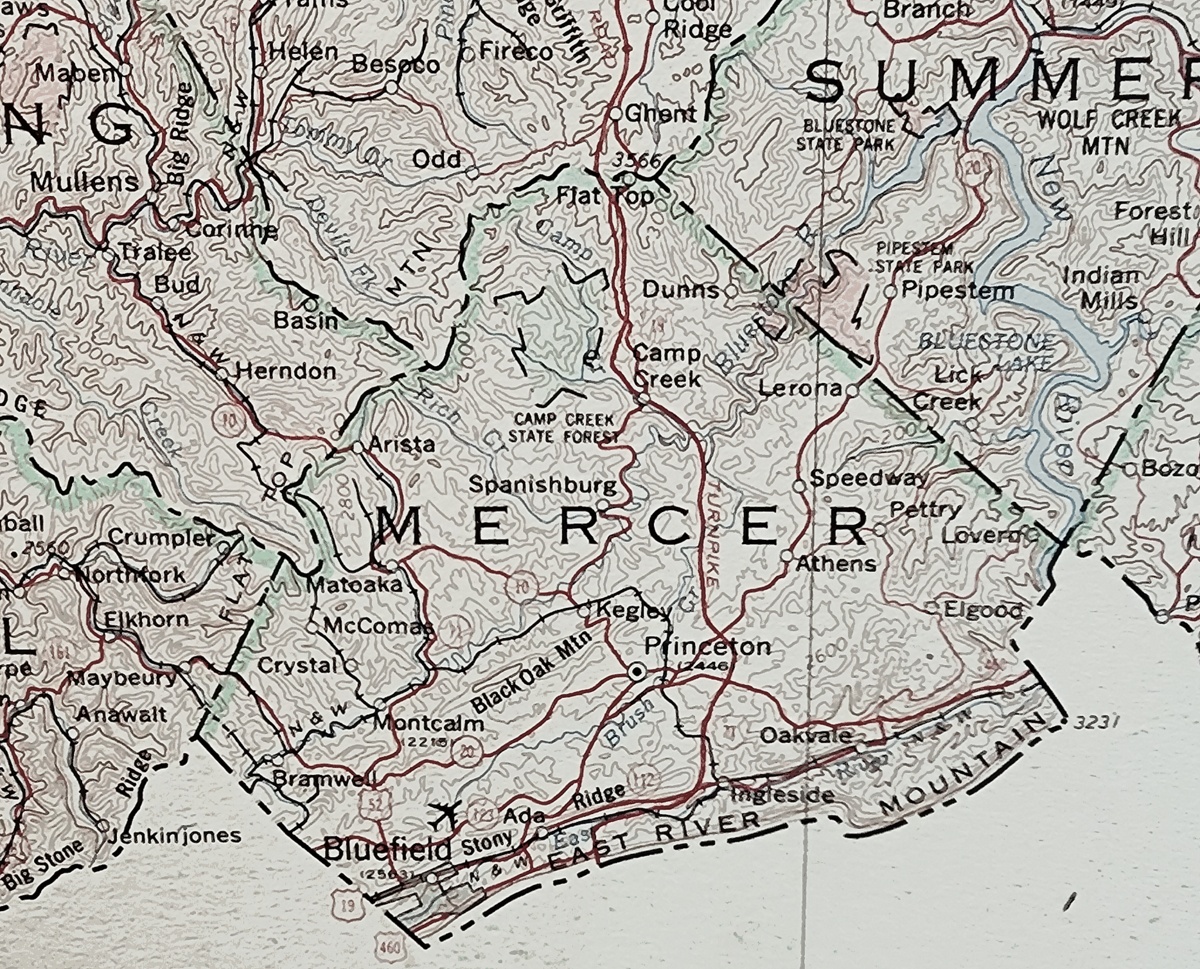 Map showing Mercer County West Virginia 1963