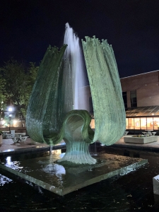 The Marshall University Memorial Fountain by night