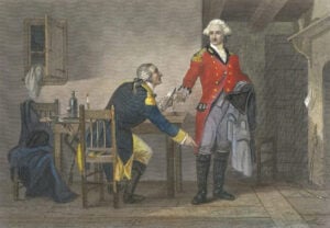 A historic illustration depicts Benedict Arnold conferring with British intelligence officer Maj. John André during the plot to surrender West Point in 1780. In correspondence, Arnold argued that the American cause was nearing collapse and hoped to help return the colonies to British rule—a calculation that proved profoundly mistaken. (Courtesy Library of Congress)