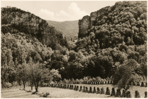 An early photograph captures Champe Rocks rising above the South Branch Valley in Pendleton County. The towering sandstone formation was named for Revolutionary War Sgt. Maj. John Champe, who undertook George Washington's daring but unsuccessful mission to capture Benedict Arnold.