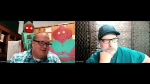 Ted Fauster (right) interviews Andrew Smith, director of the Braxton County Monster Museum.