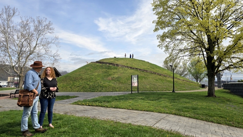 David Sibray and Amanda Hinchman visit the Criel Mound in South Charleston, West Virginia.