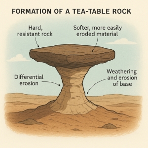 A tea-table rock is formed by a combination of weathering and differential erosion.