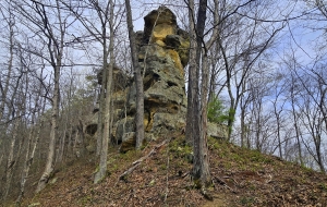 The Devil's Tea Table at Burning Springs, West Virginia, ascends more than 60 feet above the mountainside.