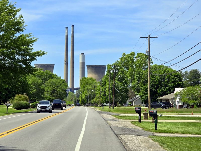 Belmont, West Virginia, adjoins the Ohio River. The Willow Island Power Plant rises in the distance.