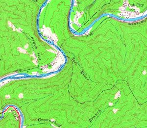 The Salt River appears in a section of a 1964 geologic survey map of West Virginia.