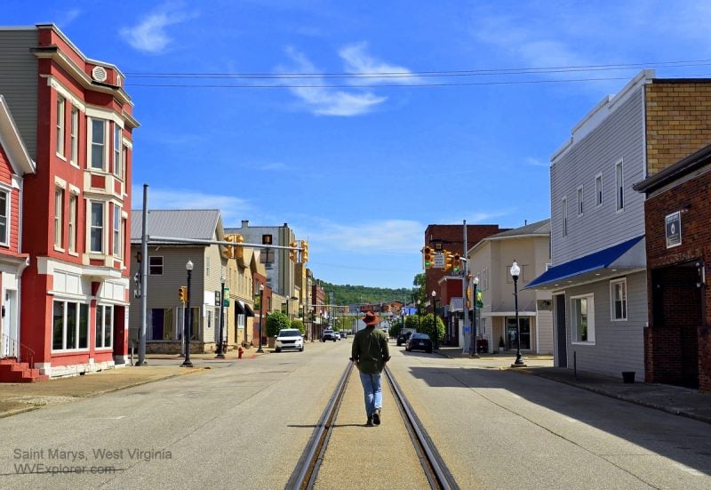 Saint Marys, West Virginia, is renowned for its Main Street, which accomodates a railroad.