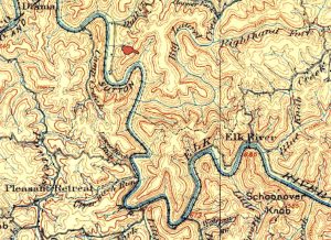 Twistabout Creek is not designated in an 1885 map, though twisting Big Laurel Creek is marked.